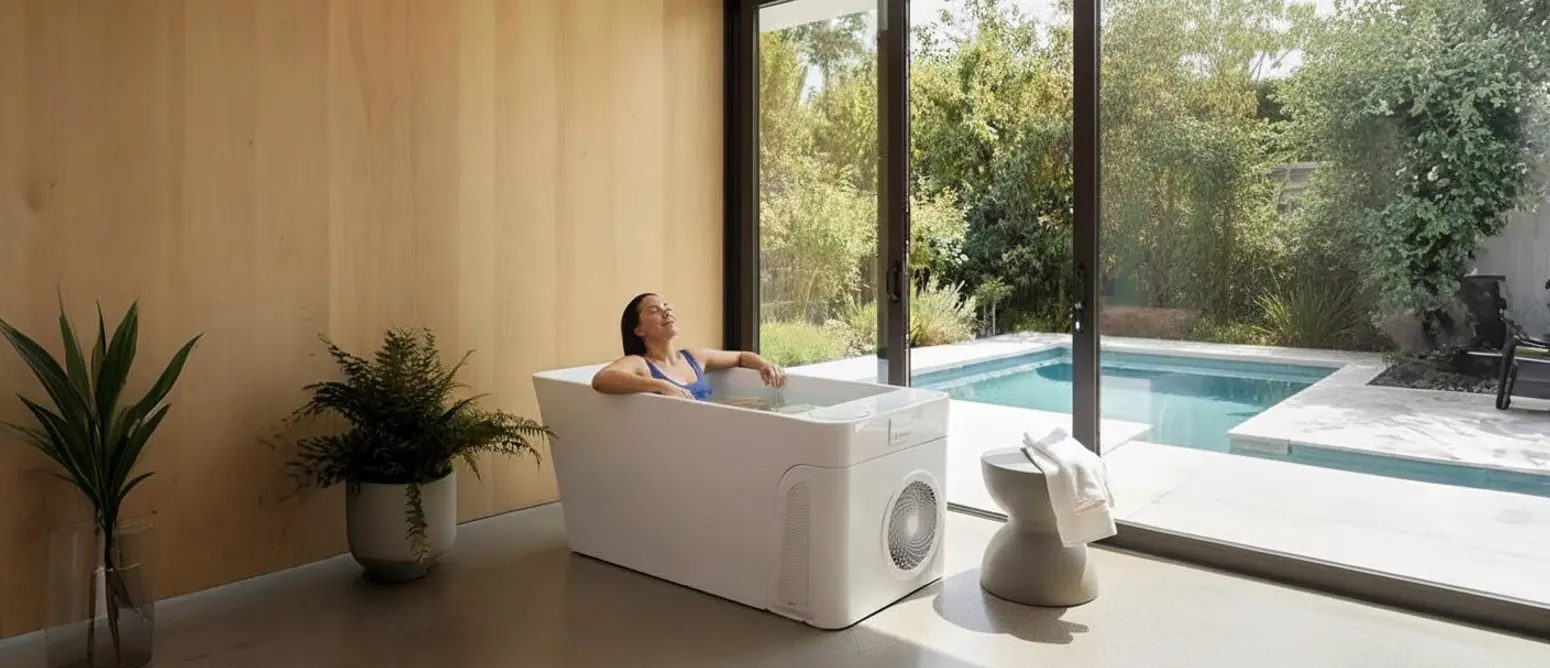 Woman in cold plunge tub